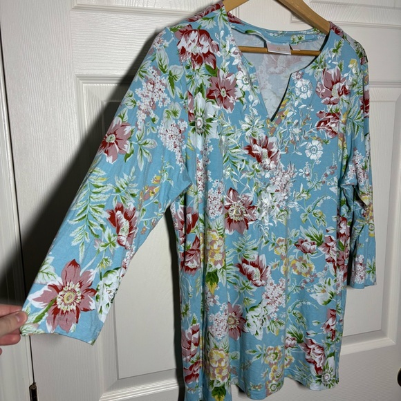 Belle by Kim Gravel Top Blouse Womens Large Floral Cottage Embroidered Knit Blue - Picture 4 of 10